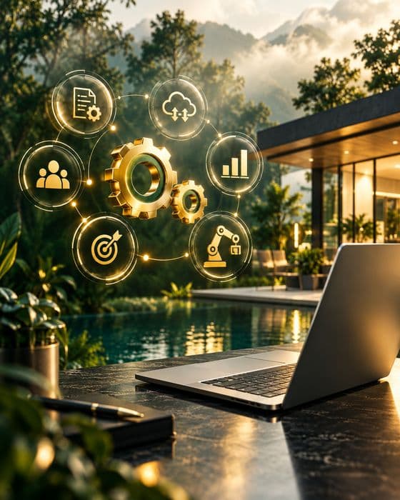 Glowing gold workflow icons above a laptop