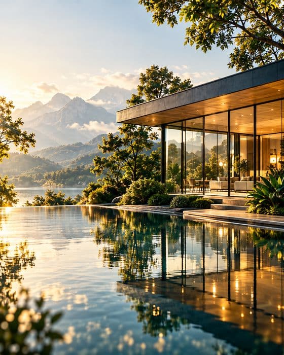A glass lakeside home with mountains reflected in a pool