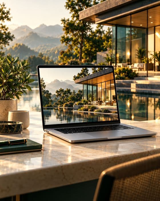 A laptop on a marble desk showing a website in a sunlit lakeside room
